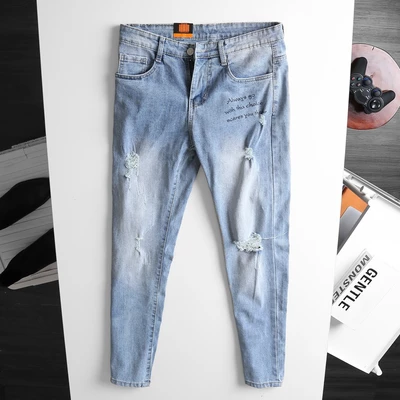 Quần jean nam dài, quần bò nam màu xanh rách phối chữ cá tính chất co dãn thoải mái [HÌNH THẬT]