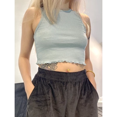 Áo croptop 3 lỗ basic trơn màu xanh