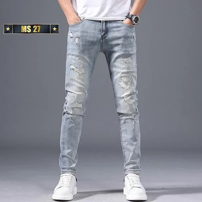 Quần jean nam quần bò phối rách xanh nhạt thời trang chất jean co dãn thoải mái hàng y hình