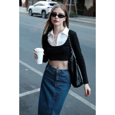 RUBIES Lys Top - Áo Kiểu Nữ Vải Thun Phối Kate Dáng Ngắn Croptop Tay Dài Cổ Bẻ