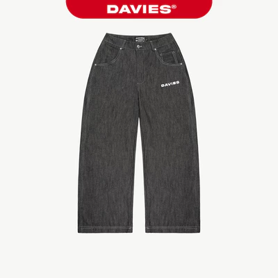 Quần jean ống rộng nam nữ DAVIES hoạ tiết thêu chữ chỉ nổi đậm chất hiphop màu đen Original Denim Pants | D-Q8