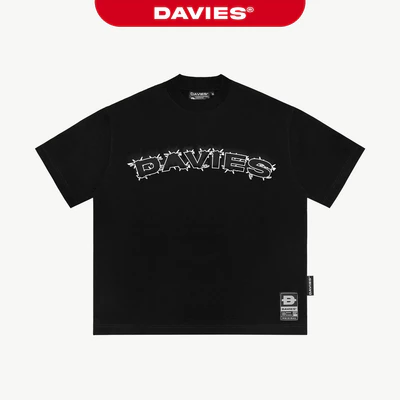 Áo phông rộng nam nữ in chữ DAVIES hoạ tiết gai màu đen phong cách hiphop đường phố tay lỡ Prickly Tee | D-T33