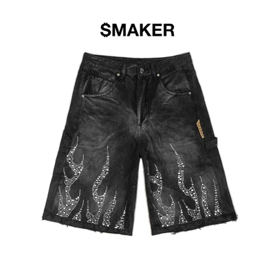 [SMAKER] Quần baggy jeans lửng đen xám đính đá hoạ tiết lửa - DIAMOND FLAME WASHED BAGGY SHORT IN GREY