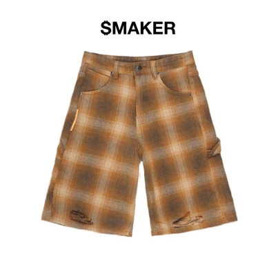 [SMAKER] Quần baggy lửng sọc  ca rô màu nâu vàng vải washed - PLAID WASHED BAGGY SHORT