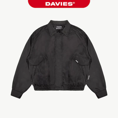Áo khoác bomber dù phối cổ jean DAVIES thiết kế túi nắp gập tag logo kim loại form rộng màu đen Tactics Jacket | D-AK22