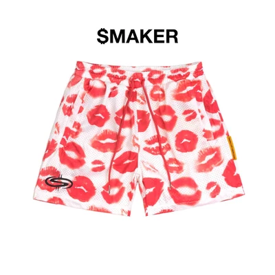 [SMAKER] Quần đùi ngắn in hình môi đỏ vải lưới màu trắng - THE KI$ MESH SHORT IN WHITE