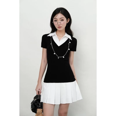 RUBIES Hachi Dress - Đầm Ngắn Nữ Vải Thun Phối Kate Dáng Tùng Xoè Xếp Ly Tay Ngắn Cổ Bẻ