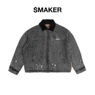 [SMAKER] Áo khoác form boxy màu xám đính đá lấp lánh - $MAKER $TUDIO $WAROVSKI WASHED WORKER JACKET IN GREY