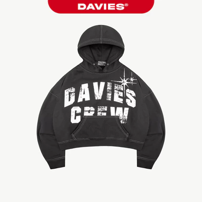 Hoodie nam nữ mũ to nút bấm DAVIES nỉ cào thiết kế hình in lụa phối chỉ nổi form rộng màu đen Highlight Hoodie | D-HD2