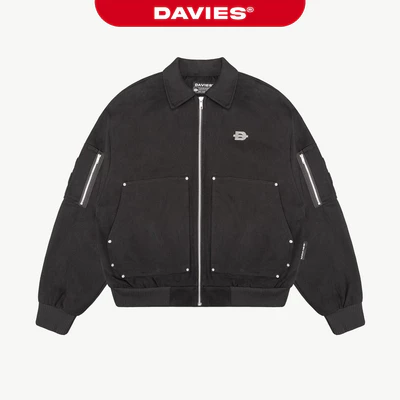 Áo khoác bomber nam nữ chất kaki DAVIES cổ bẻ hoạ tiết đính nút kim loại logo inox màu đen Ragnarok Jacket | D-AK23