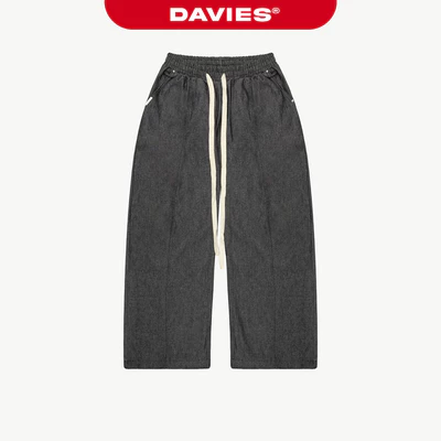 Quần jean ống rộng lưng chun thắt dây DAVIES thiết kế phối viền chỉ đính nút bạc màu đen Denim Piping Pants | D-Q11