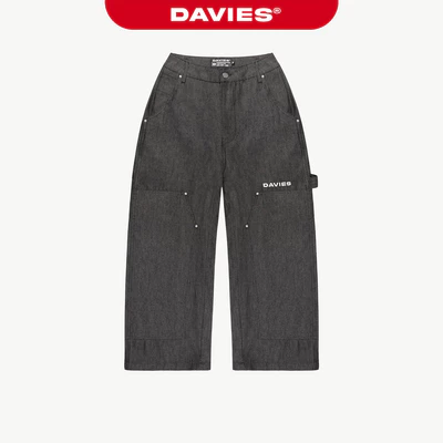 Quần jean Double Knee ống rộng hiphop đính nút kim loại DAVIES hai mặt màu đen Rivalry Denim Pants | D-Q9