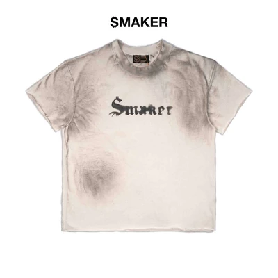 [SMAKER] Áo thun 100% cotton washed màu trắng xịt sơn - BLURRY LOGO SHORT SLEEVES WASHED TEE IN CREAM