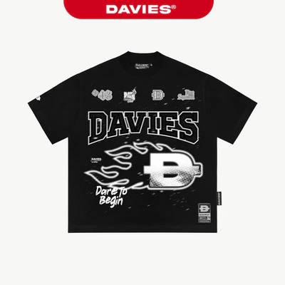 Áo thun đen nam nữ in họa tiết DAVIES mặt trước form rộng tay lỡ cotton thoáng mát Ember Drift Tee| D-T21
