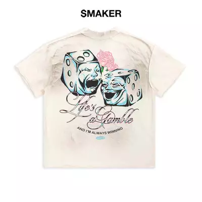 [SMAKER] Áo thun nam nữ 100% cotton in hình màu trắng - LIFE IS A GAMBLE WASHED TEE IN CREAM