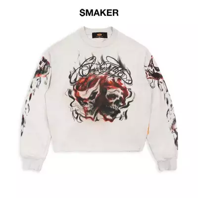 [SMAKER] Áo sweater màu trắng kem in hình đầu lâu - $4L SKULLS SWEATER IN CREAM