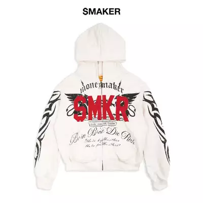 [SMAKER] Áo khoác zip dây kéo in hình màu trắng có mũ 100% cotton - DIE RICH HOODIE IN WHITE