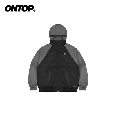 Áo khoác gió nam có mũ tháo rời ONTOP chống nắng, trượt nước 2 lớp màu đen phối xám Convertible Jacket | O-AK14-D