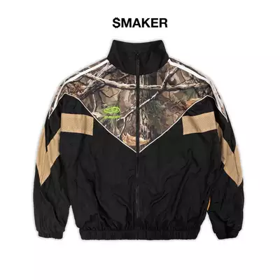 [SMAKER] Áo khoác dù vải nylon nhăn màu đen cổ cao kiểu thể thao - LEAF CAMO JACKET IN BLACK