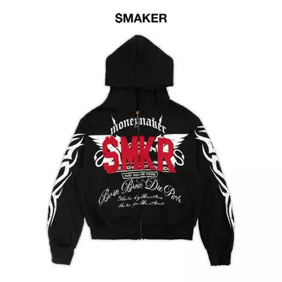 [SMAKER] Áo khoác zip dây kéo in hình màu đen có mũ 100% cotton - DIE RICH HOODIE IN BLACK