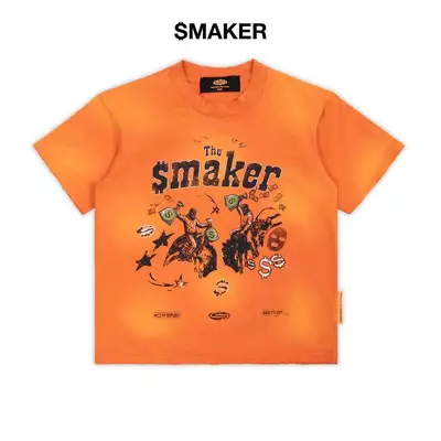 [SMAKER] Áo thun 100% cotton màu cam in hình form dáng slim fit - THE $MAKER COWBOYS WASHED TEE IN ORANGE