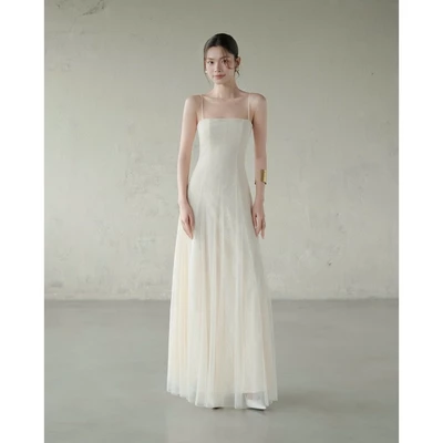 RUBIES Tiffany Dress - Đầm Dài Nữ Vải Ren Dáng Tùng Xoè 2 Dây Cổ Vuông