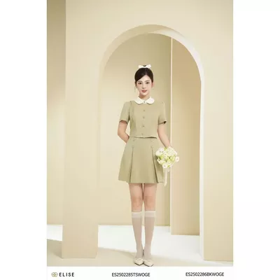 Chân váy xanh olive nhạt xếp ly thiết kế Elise ES2502286BKWOGE