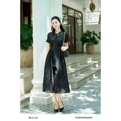 Đầm tơ đen vân nổi buộc nơ cổ thiết kế Elise FS2503059DIORPB
