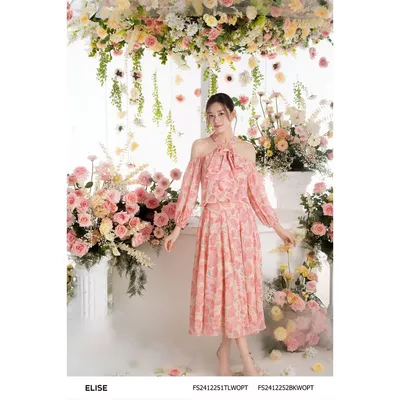 Áo chiffon hoa ginkgo hồng hở vai nơ cổ thiết kế Elise FS2412251TLWOPT