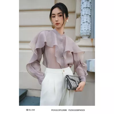 Sơ mi tơ nâu be bèo tay thiết kế Elise FF2410139TLORBR