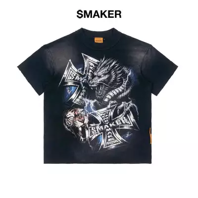 [SMAKER] Áo thun in hình 100% cotton màu đen - DRAGON TIGER WASHED TEE IN BLACK
