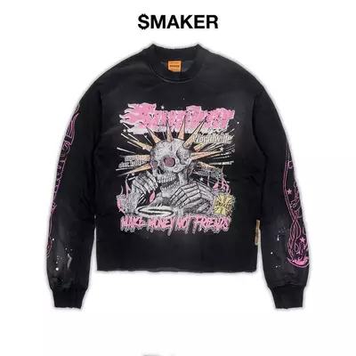 [SMAKER] Áo sweater mùa đông màu đen in hình đầu lâu - $MAKER WORLDWIDE WASHED SWEATER IN BLACK