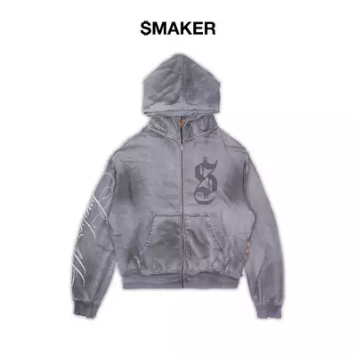 [SMAKER] Áo khoác zip 100% cotton màu xám có mũ - $MAKER4LIFE WASHED DOUBLE HOODS HOODIE IN GREY