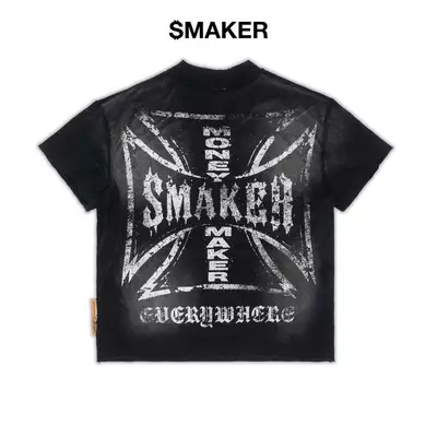 [SMAKER] Áo thun 100% cotton màu đen - $MAKER EVERYWHERE CROSS WASHED TEE IN BLACK