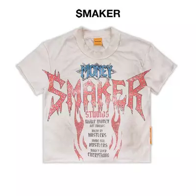 [SMAKER] Áo thun 100% cotton màu trắng có đính hạt - $MAKER ROCK WASHED TEE IN CREAM