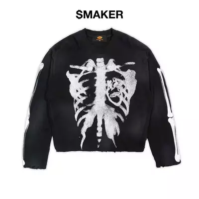 [SMAKER] Áo sweater vải tổ ong in hình xương màu đen - SKELETON WAFFLE WASHED TEE