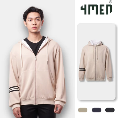 Áo Khoác Hoodie 4MEN Phối Sọc Tay Form Regular AH006 khoá zip, vải nỉ ép, thoải mái, đi chơi, đi làm