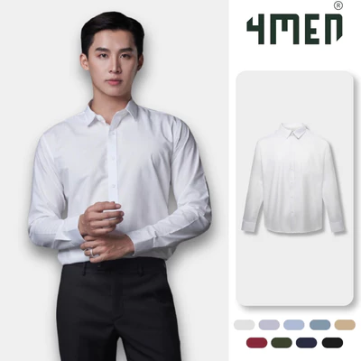 Áo sơ mi nam tay dài trơn đẹp 4MEN SM088 lụa chéo hạn chế nhăn, mềm mịn, form tailored rộng công sở trẻ trung, giá rẻ