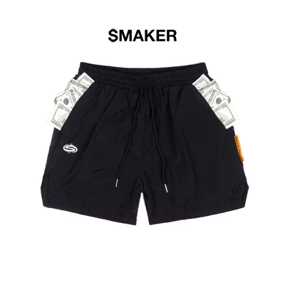 [SMAKER] Quần đùi short ngắn có hoạ tiết tiền màu đen - 2 POCKETS FULL NYLON SHORTS IN BLACK