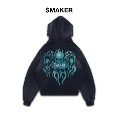 [SMAKER] Áo khoác 100% cotton màu đen chống nắng hình ngọn lửa FLAME $MAKER WASHED ZIP HOODIE IN BLACK