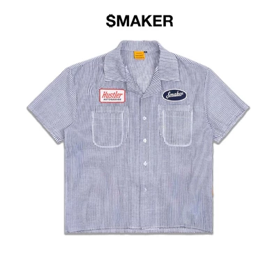 [SMAKER] Áo sơ mi trắng sọc xanh dương vải linen - HUSTLER AUTOGARAGE STRIPE SHIRT