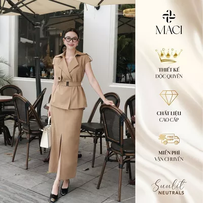 Áo Vest Kaki Hàn Tay Hến Kèm Đai Titan Cao Cấp MACI MCAAVBE0167 Thời Trang Nữ Thiết Kế Độc Quyền