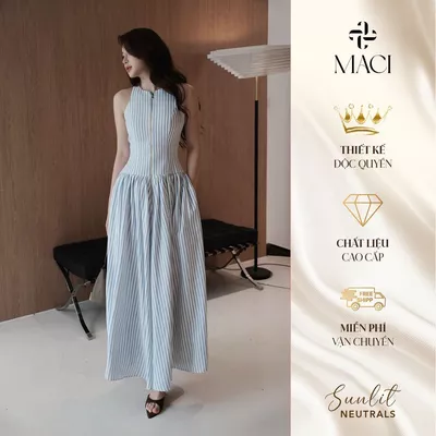 Váy Kẻ Xanh Sát Nách Khoá Đồng Chất Thô Cotton Hàn 2 Lớp MACI MCVVAXD0286 Thời Trang Nữ Thiết Kế Độc Quyền