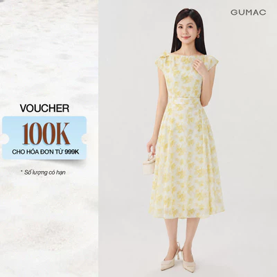 [VOUCHER 22%] Đầm Hoa Nữ GUMAC Cổ Thuyền Tay Liền Đính Cánh Bướm Hai Lớp Tùng Xòe Xếp Ly Nữ Tính Sang Trọng DG10031