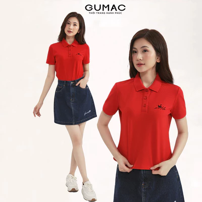 Áo polo nữ GUMAC form ôm nhẹ đọ dài lửng phía trước thêu hình chim thiên nga APF12011