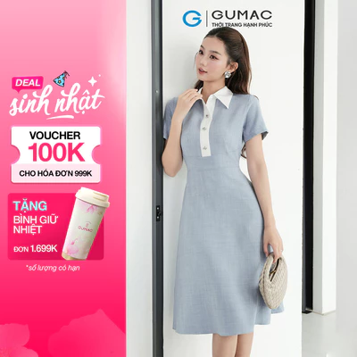 Đầm nữ form A GUMAC cổ sơ mi phối trắng tay ngắn phía trước phối vải trắng DF09001