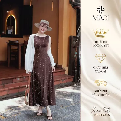 Đầm Lụa Chấm Bi Nâu Chocolate Cổ Thuyền 2 Lớp MACI MCVVANA0302 Thời Trang Nữ Thiết Kế Độc Quyền