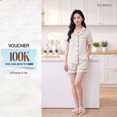 Set Đồ Ngủ Nữ GUMAC Cổ Danton Phối Viền Lé Nẹp Nút Quần Short Lưng Thun SG08068