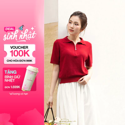 Áo dệt kim GUMAC form suông hơi ôm nhẹ cổ polo có dây kéo AF11032