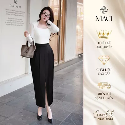 Chân Váy Đen Trắng Xếp Li Xẻ Trước Chất Tapta Lụa MACI MCVCVXD0196 Thời Trang Nữ Thiết Kế Độc Quyền